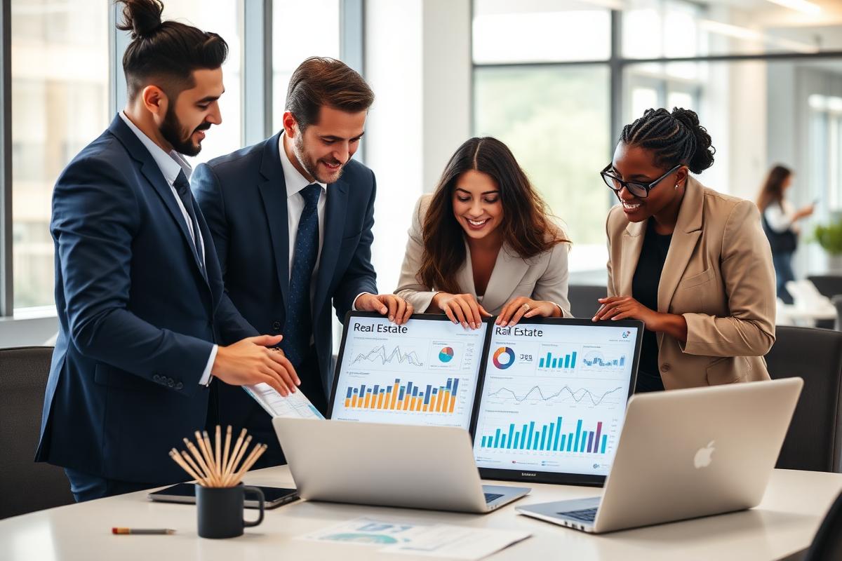 Professionals reviewing real estate deal analysis on a laptop